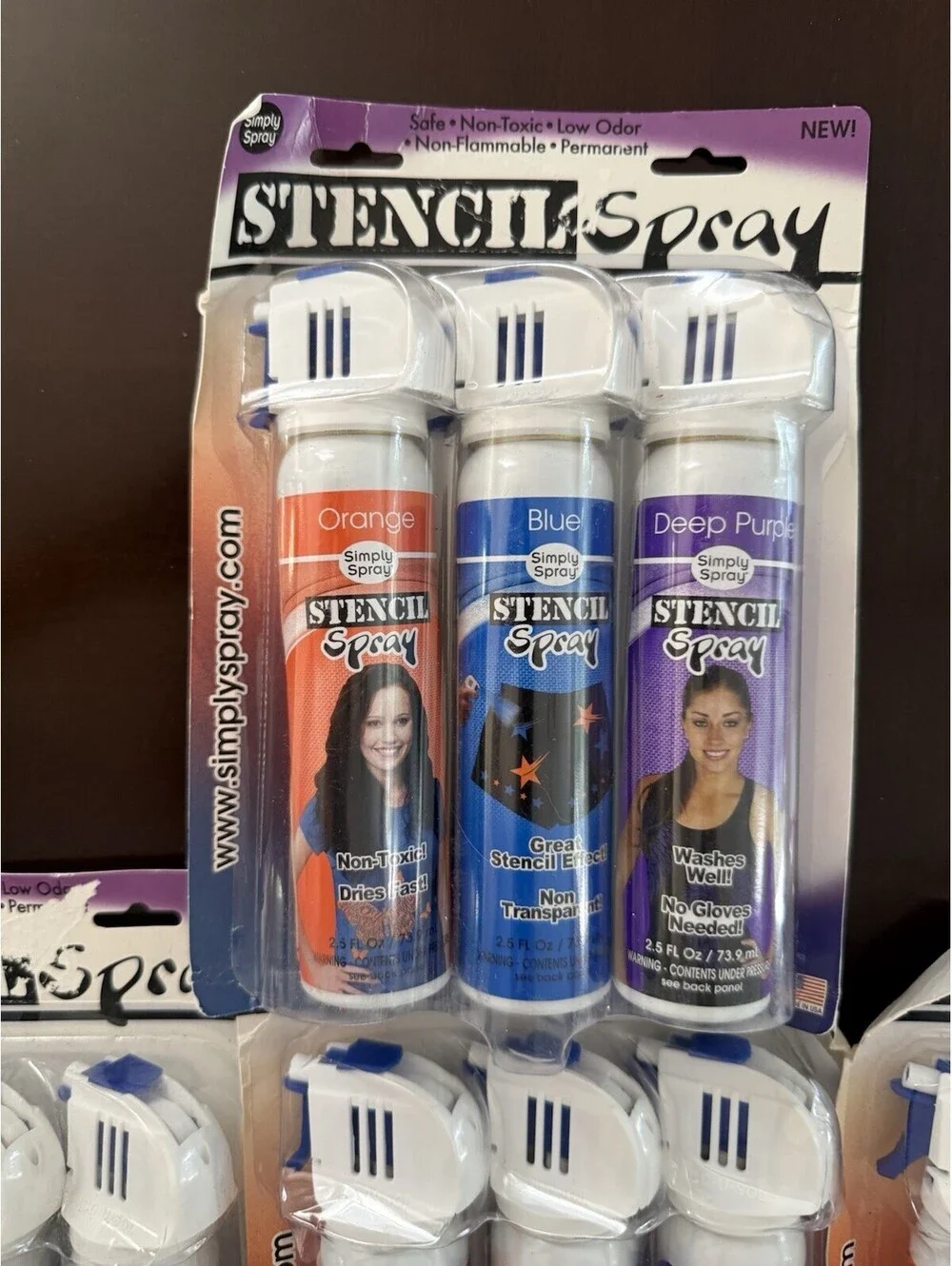(7)  Simply Spray Fabric Stencil Spray Paint NOS Orange Blue Deep Purple